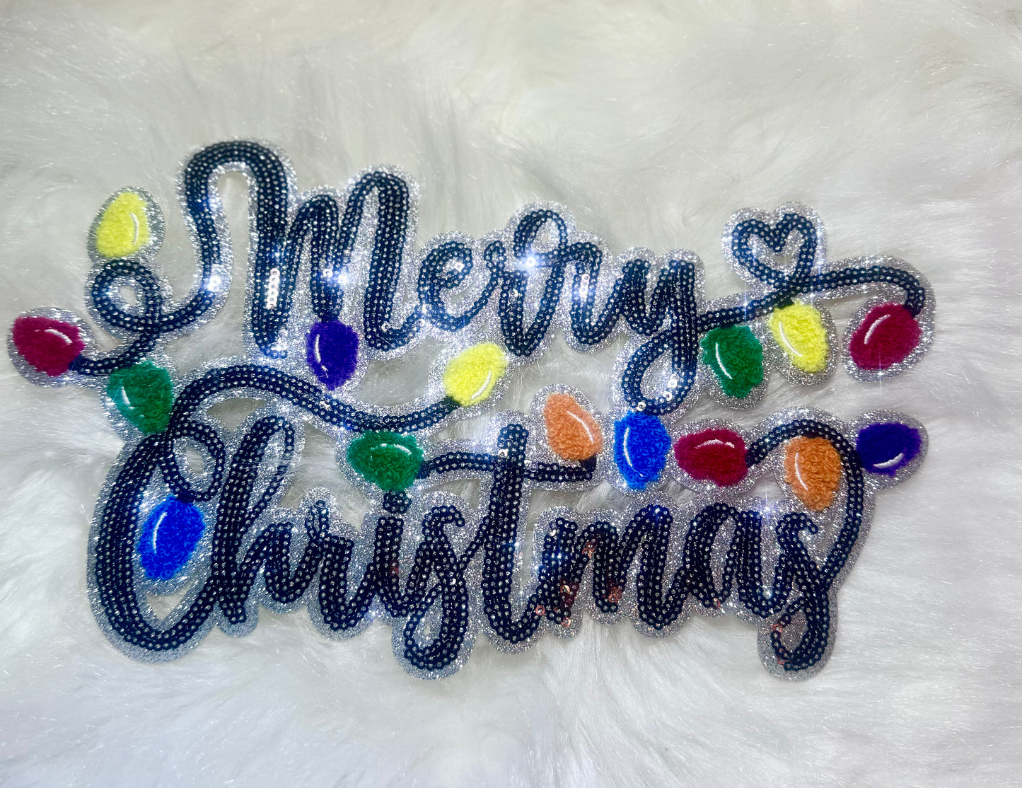 Sequin Merry Christmas Patch, Chenille Christmas Lights patch, Iron on Patch, Glitter Patch, DIY Patch, Christmas Patch
