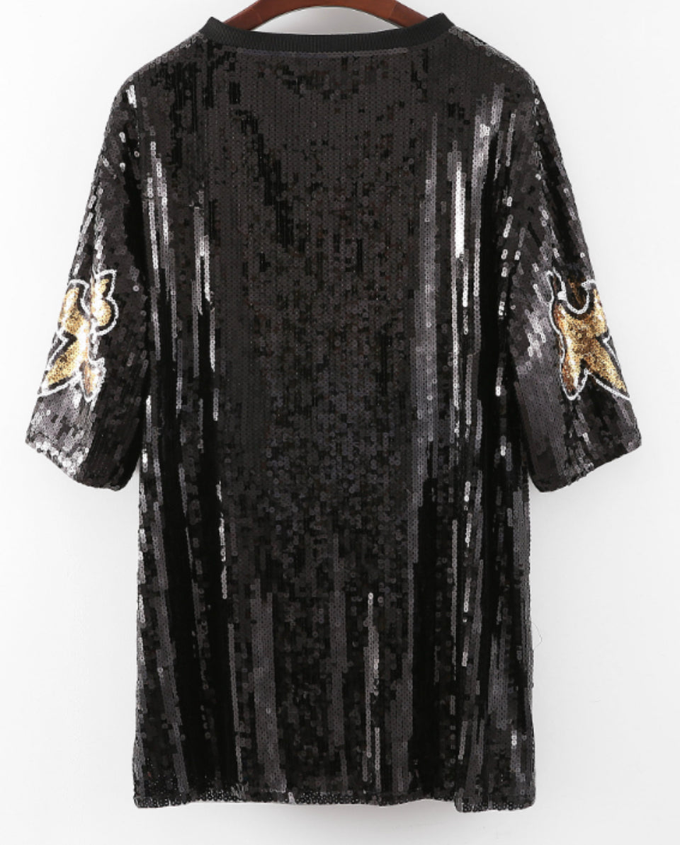 Fleur-De-Lis Sequin Dress, New Orleans Attire, Ladies Black and Gold Sequin Jersey Dress, Women’s Sequin Dress, Bling Dress