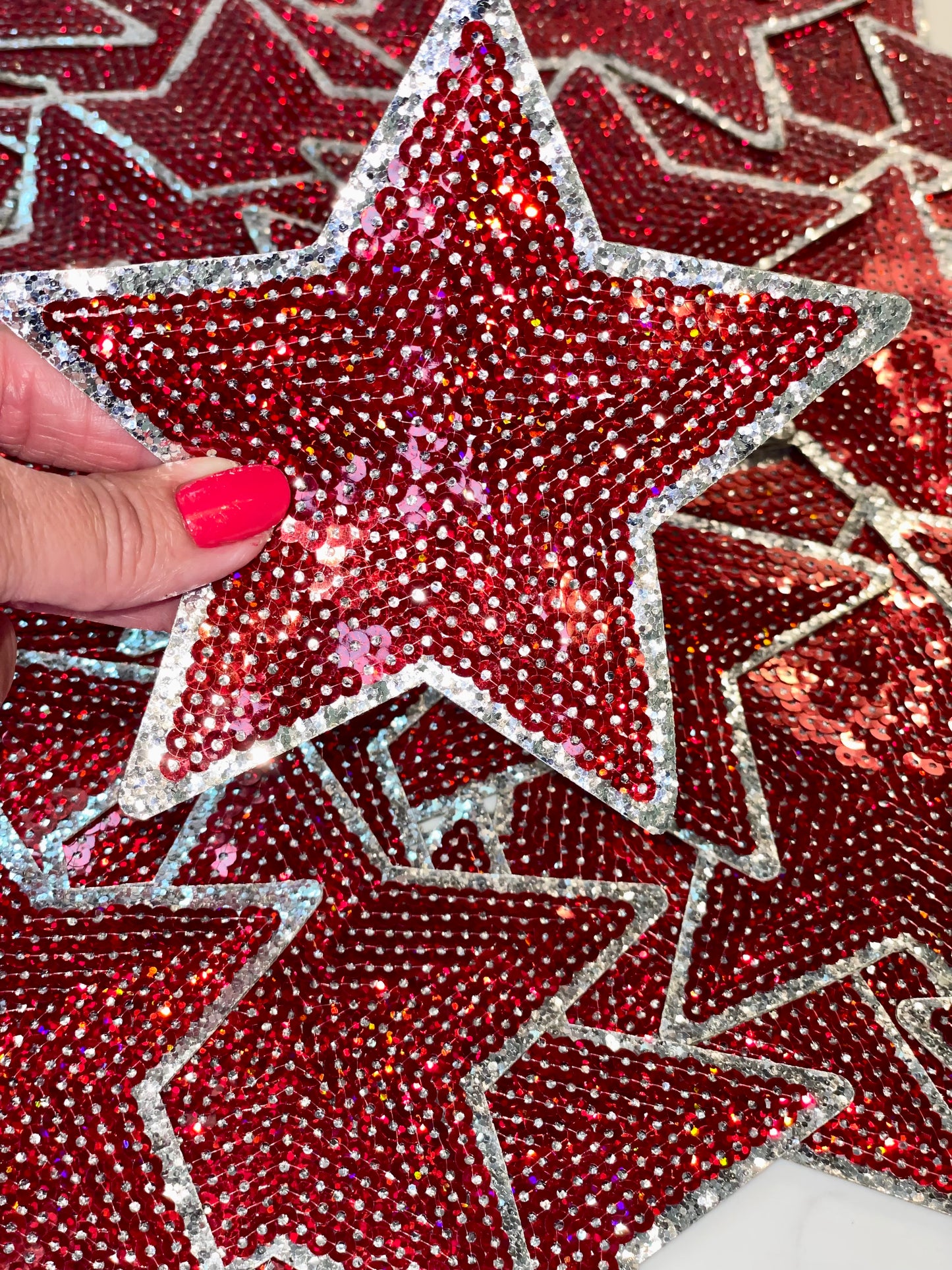 Touch Down Crimson/Maroon Game Day Chenille Patch, Sequin Star Patch, DIY patch, iron on patch, Silver glitter backing