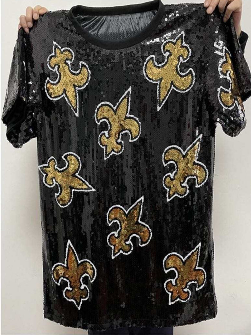 Fleur-De-Lis Sequin Dress, New Orleans Attire, Ladies Black and Gold Sequin Jersey Dress, Women’s Sequin Dress, Bling Dress
