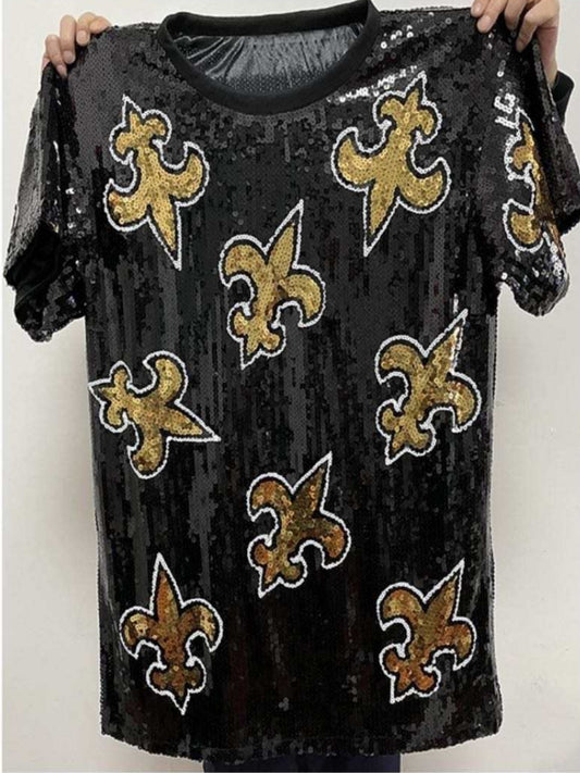 Fleur-De-Lis Sequin Dress, New Orleans Attire, Ladies Black and Gold Sequin Jersey Dress, Women’s Sequin Dress, Bling Dress