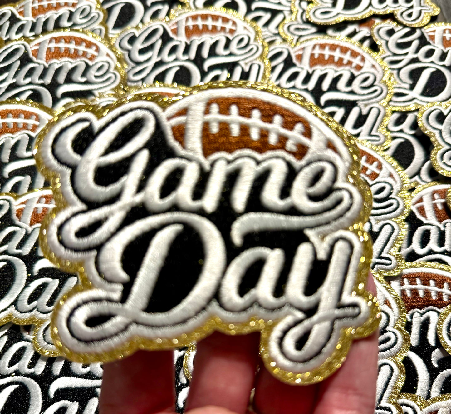 Game Day Patch. Football Patch,Trucker Hat Patch, Glitter Patch, Iron On Patch, Sports Patch, Game Day Patch, Patch for Hat, DIY, White embroidered Patch