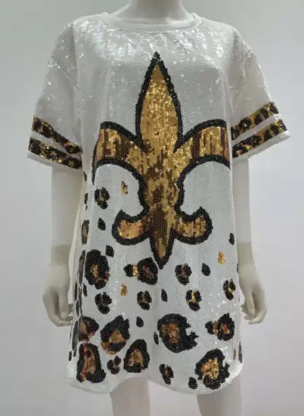 Exclusive Sequin Jersey Dress, Leopard Fleur De Lis, White and Gold Leopard Sequin Jersey Dress, Football Jersey Dress, Football Sequin Dress, New Orleans Attire