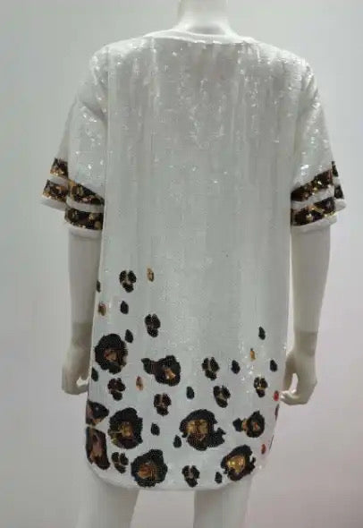 Exclusive Sequin Jersey Dress, Leopard Fleur De Lis, White and Gold Leopard Sequin Jersey Dress, Football Jersey Dress, Football Sequin Dress, New Orleans Attire