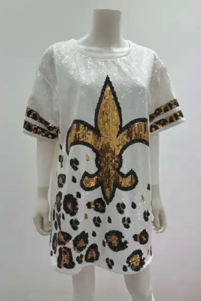 Exclusive Sequin Jersey Dress, Leopard Fleur De Lis, White and Gold Leopard Sequin Jersey Dress, Football Jersey Dress, Football Sequin Dress, New Orleans Attire