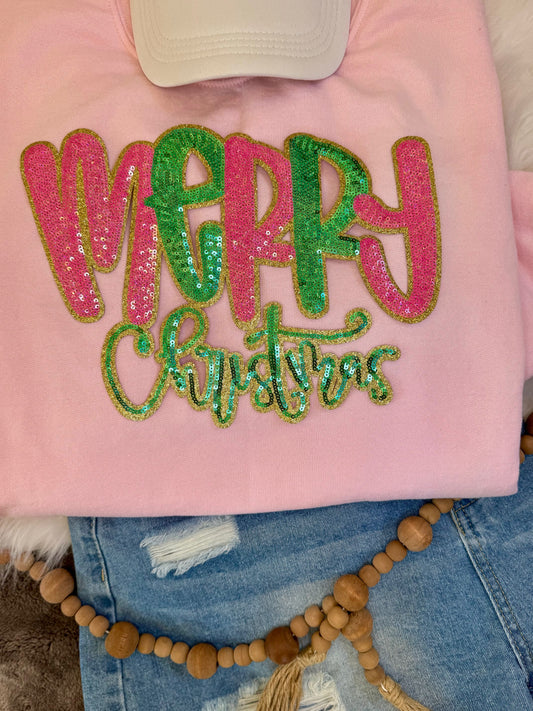 Merry Christmas Patch: Christmas Applique - 11 inch patch, Sequin Patch