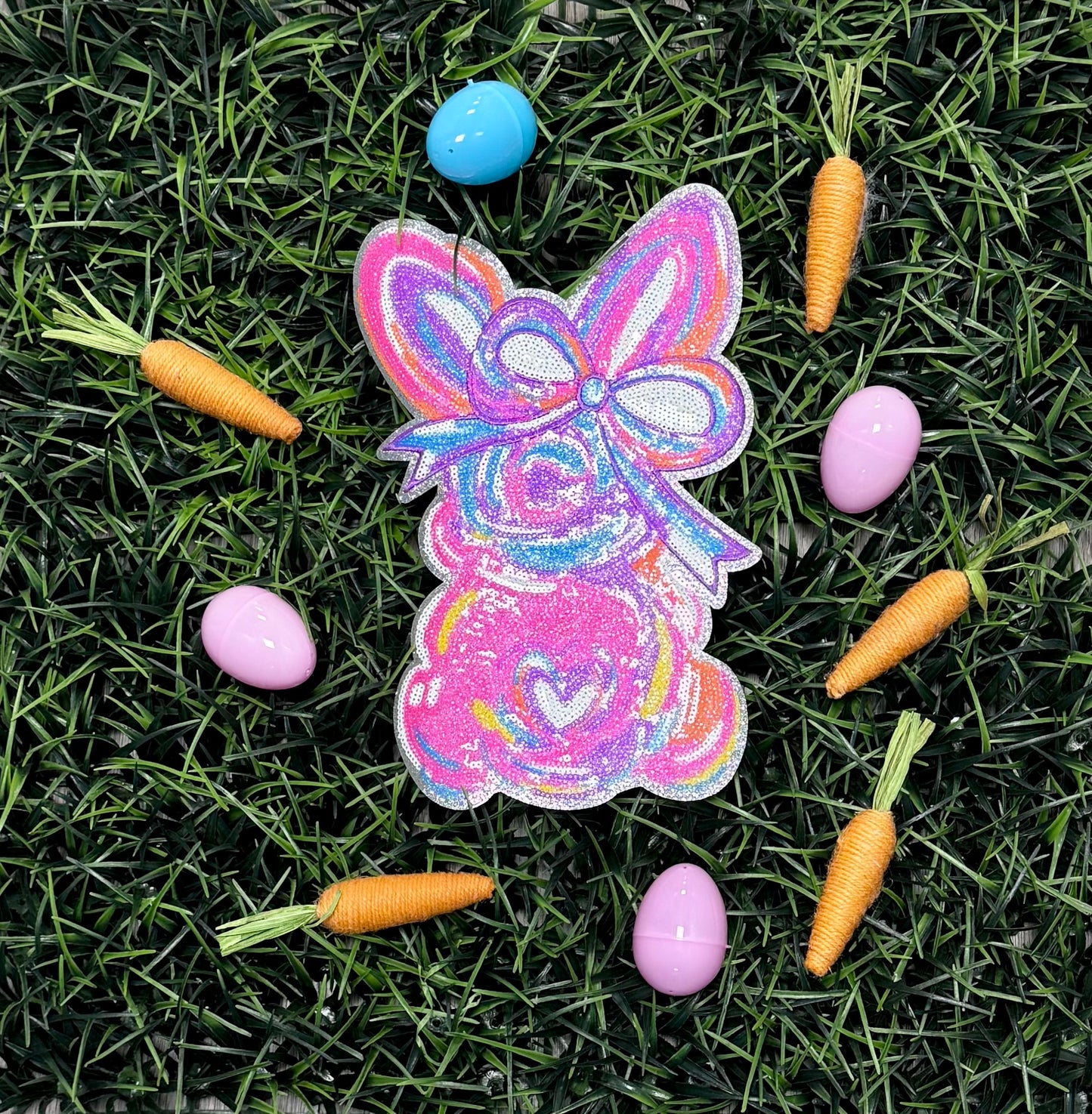 Easter Patches, Sequin Bunny Patch: Sequin Iron-On Applique (10.75” x 7”)