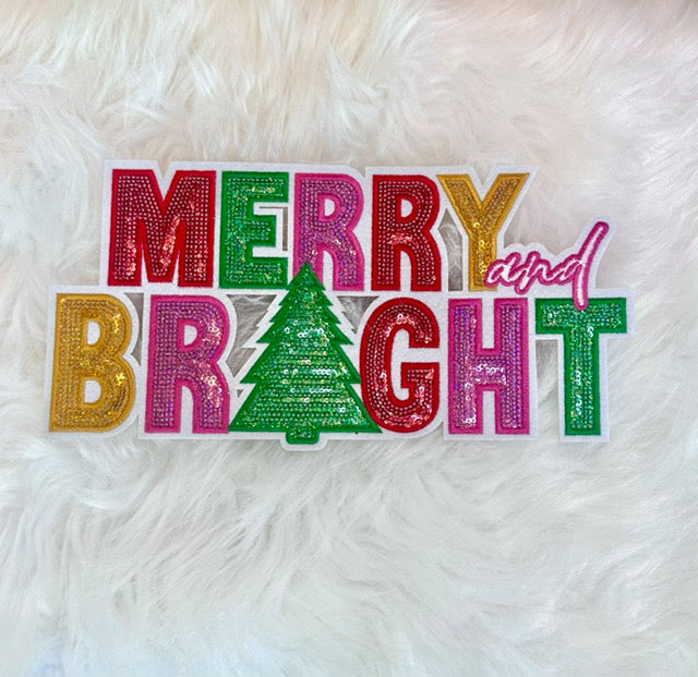Sequin Merry and Bright Patch, 11 inch patch, Christmas Patch, Iron On Patch, Holiday Patch, DIY Patch, Sweatshirt Patch