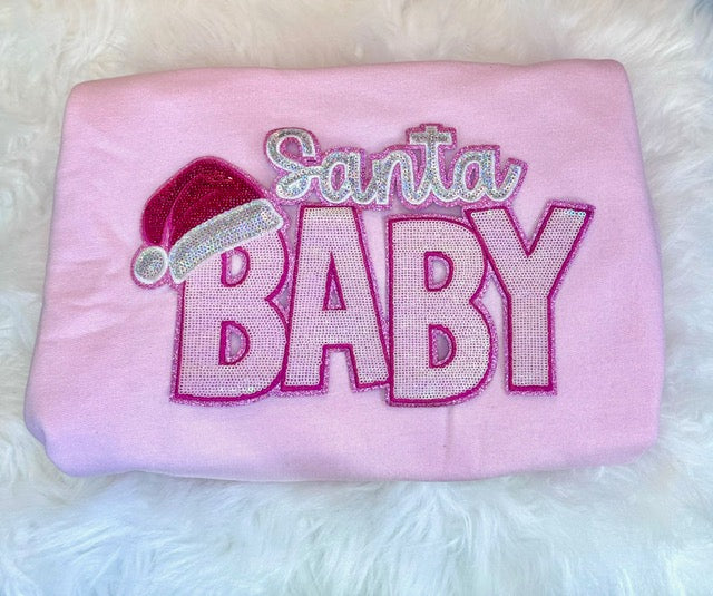 Sequin Santa Baby, 11 inch patch, Christmas Patch, Iron On Patch, Holiday Patch, DIY Patch, Sweatshirt Patch. Pink Patch