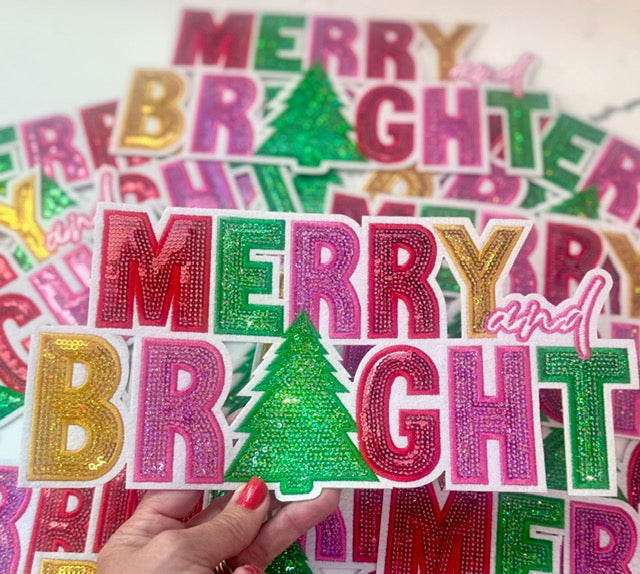 Sequin Merry and Bright Patch, 11 inch patch, Christmas Patch, Iron On Patch, Holiday Patch, DIY Patch, Sweatshirt Patch