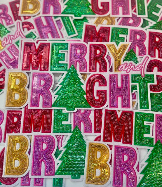 Sequin Merry and Bright Patch, 11 inch patch, Christmas Patch, Iron On Patch, Holiday Patch, DIY Patch, Sweatshirt Patch