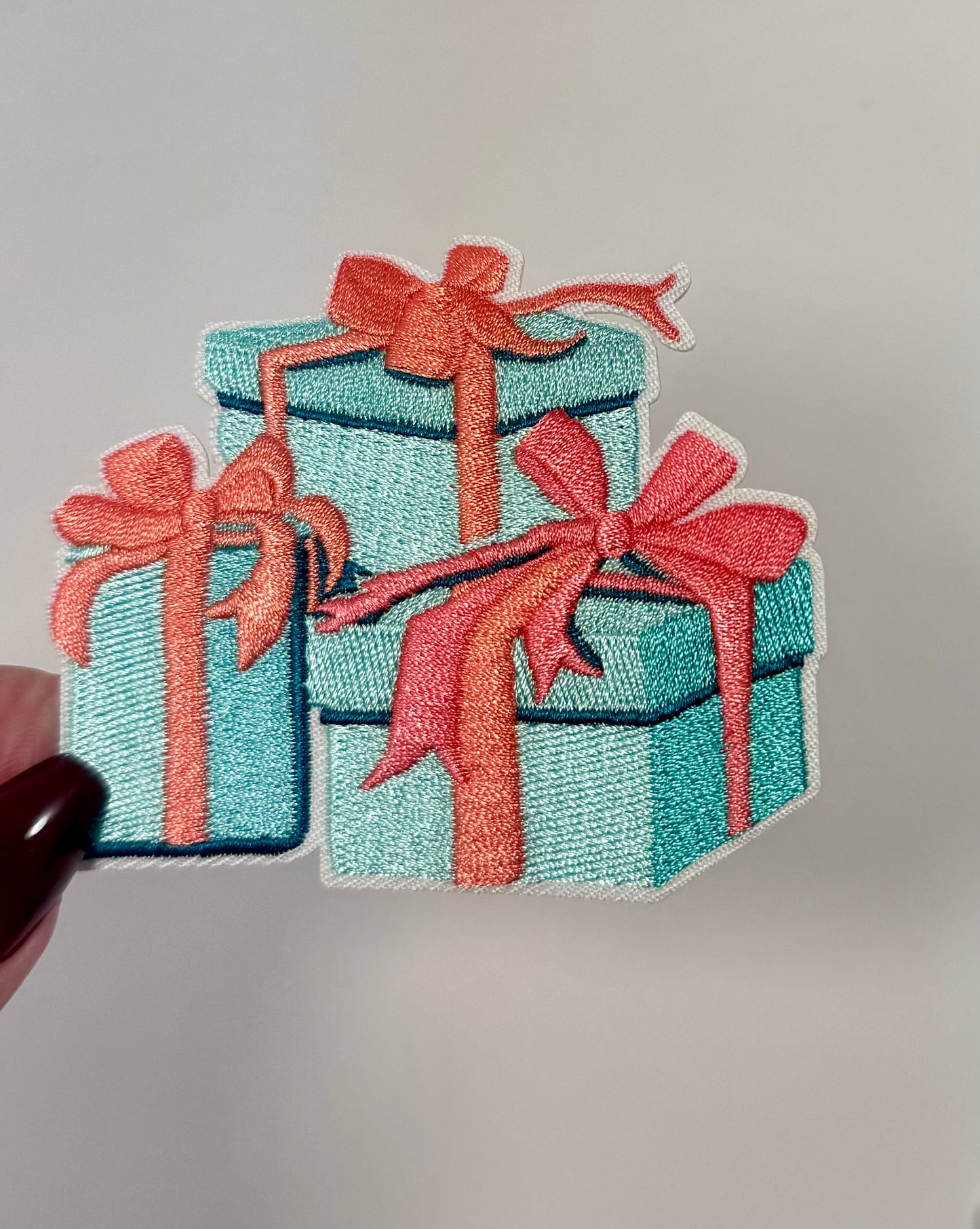 Christmas Gift patch, Embroidered Christmas Patch, Iron On Patch, Small Pink and Turquoise Christmas Presents, Christmas Gifts