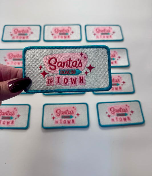 Santa's Coming to Town Patch, Christmas Patch, Pink Christmas Patch, Embroidered Christmas Patch, Christmas Hat Patch, DIY
