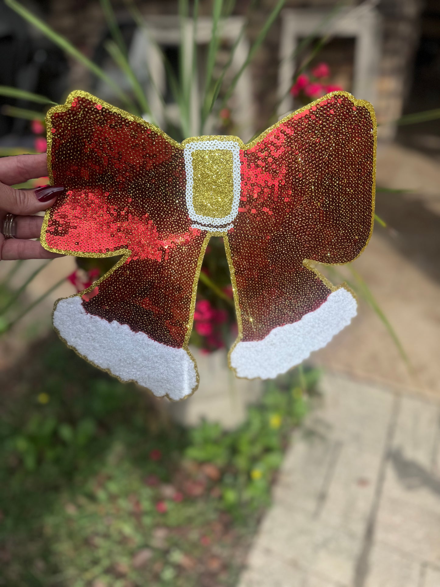 Sequin Bow Patch, Red Sequin Patch, 11 inch patch, Christmas Patch, Iron On Patch, Holiday Patch, DIY Patch, Sweatshirt Patch, Glitter Patch