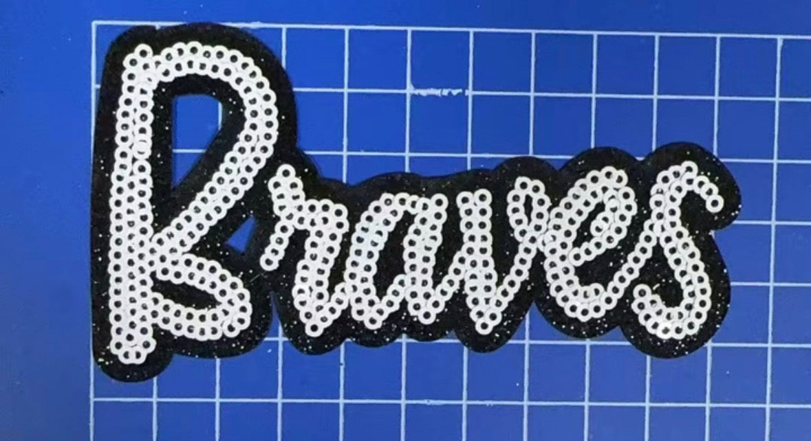 Braves Sequin Patch: Black Glitter Iron-On Applique, 4" Game Day Mascot