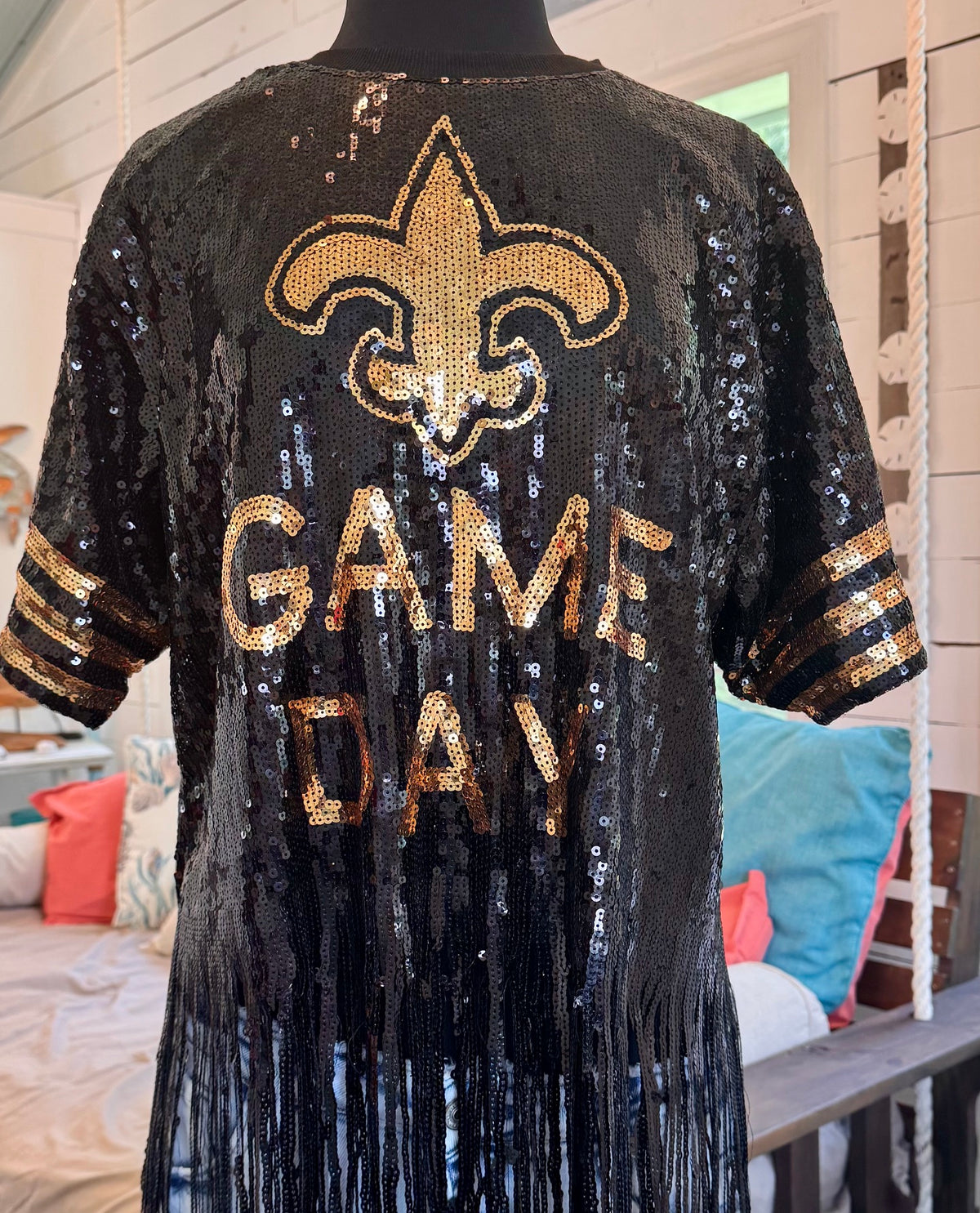 Saints Sequin Top, Plus Size Fleur De Lis Sequin Fringe Jersey Top