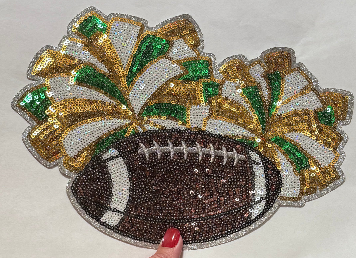 Cheer Sequin Patch, Football and Green Pom Poms, DIY Applique
