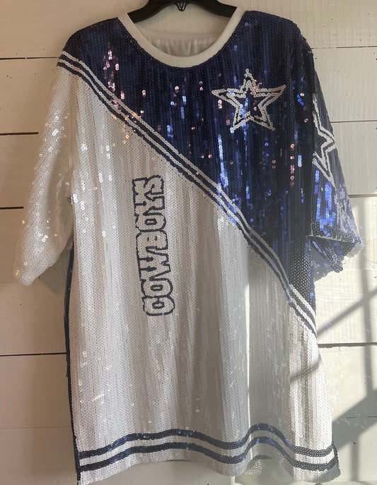 Dallas Cowboys Sequin Jersey Dress, NFL.  Dallas Star Dress, Ladies Football Sequin Dress, Women's Sequin Dress, Sparkle NFL Dress, Bling Football Dress