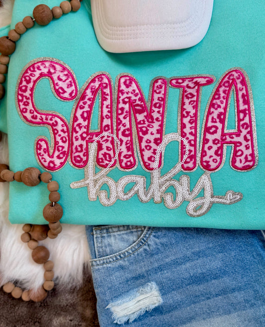 Santa Baby Pink Leopard Chenille and Sequin Iron on Patch, Silver glitter backing, Christmas Patch