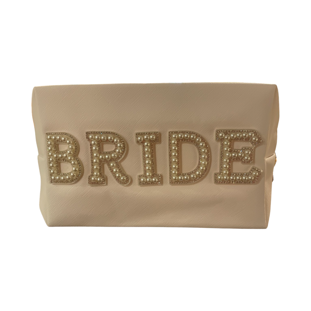 Personalized Bride Nylon LARGE Cosmetic Bag | Pearl Letter Patch Makeup Bag, Customized Travel Bag, Bridesmaids Gifts, Bride Gift