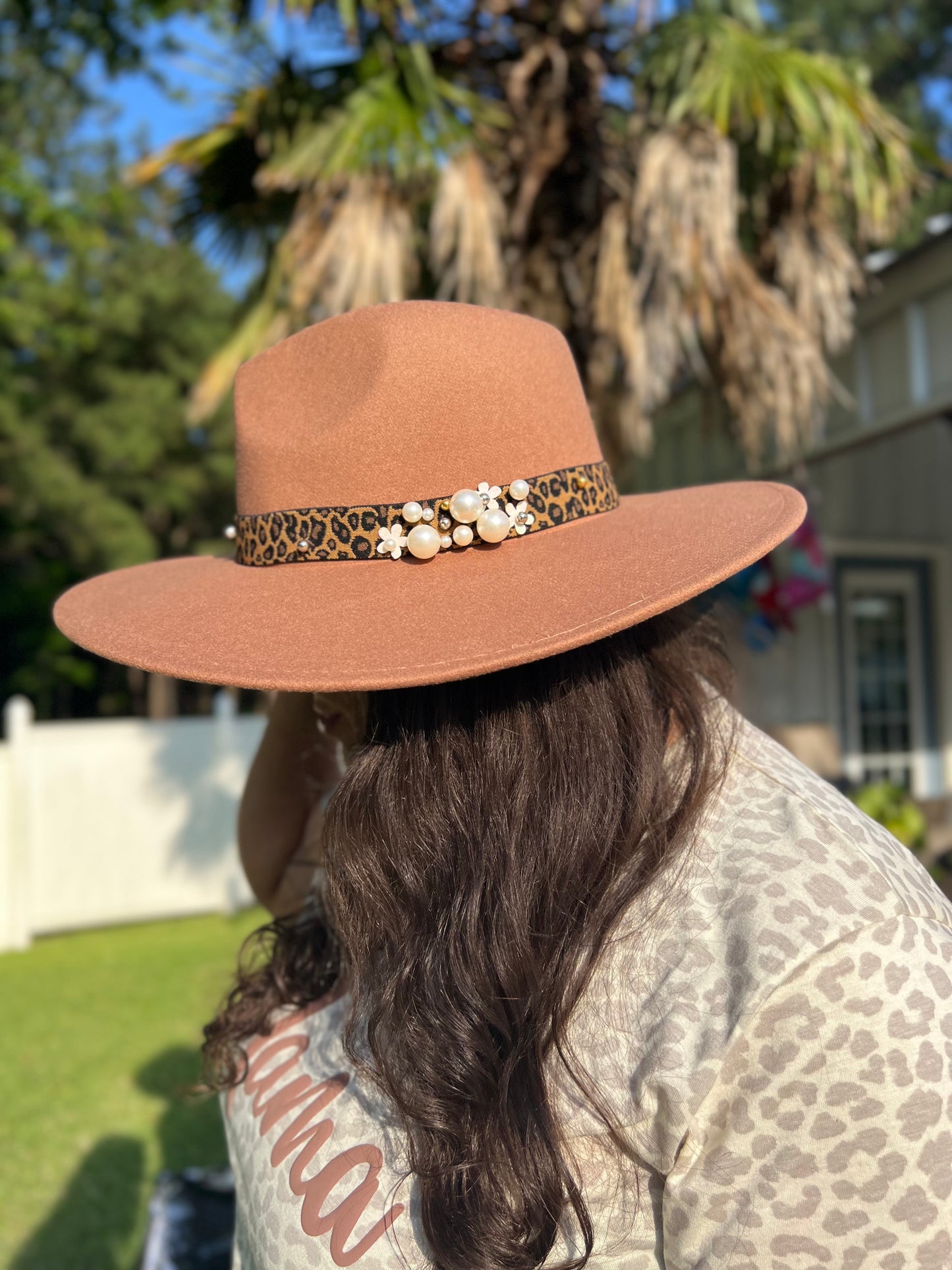 Flat Brim leopard print with pearls Woven Hat