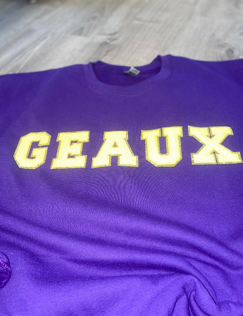 Geaux Unisex Sweatshirt, Varsity Chenille Patch LSU Tigers/ Game Day