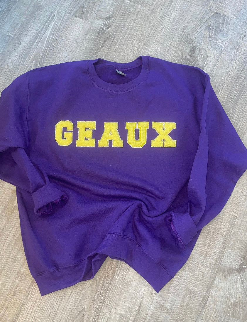 Geaux Unisex Sweatshirt, Varsity Chenille Patch LSU Tigers/ Game Day