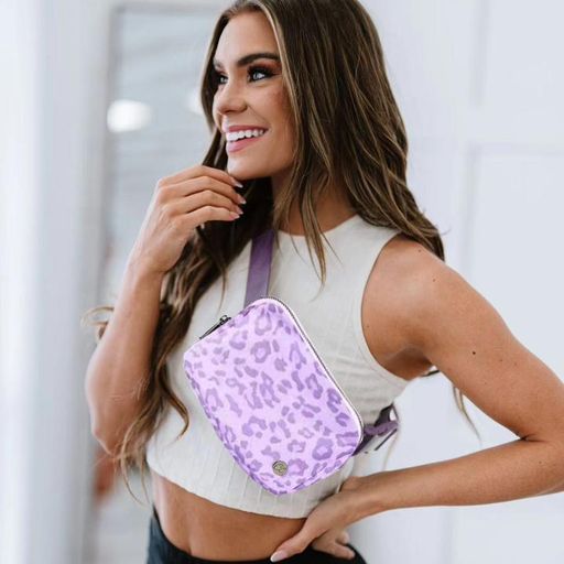 Belt Bag/ Bum Bag/Pink, Purple Leopard/NYLON LULA SHOULDER SLING BELT BAG W/LOGO - LILAC LEOPARD /BAG/PURSE