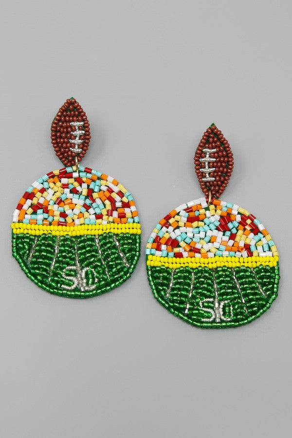 50 Yard Line Football Field Seed Beaded Drop Earrings/GAME DAY