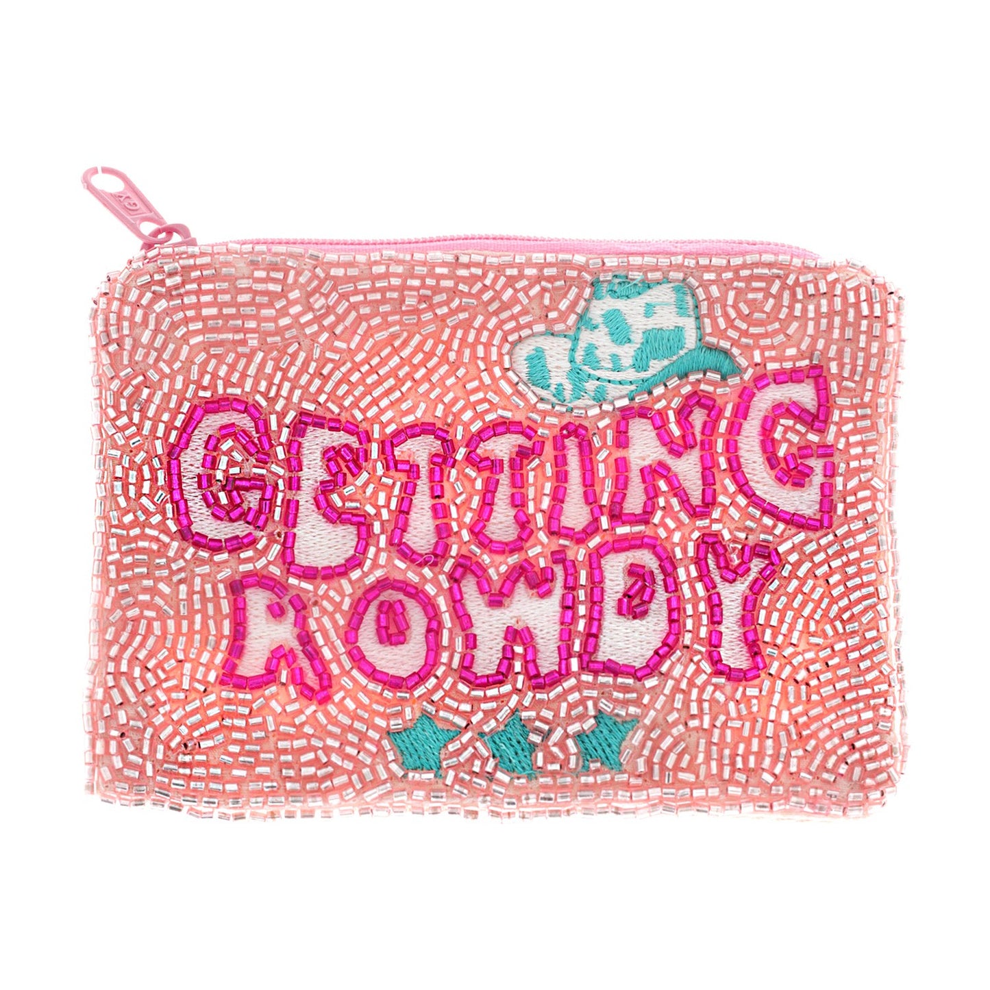 GETTING ROWDY COWBOY HAT BEADED ZIPPER COIN BAG/PURSE/WRISTLET