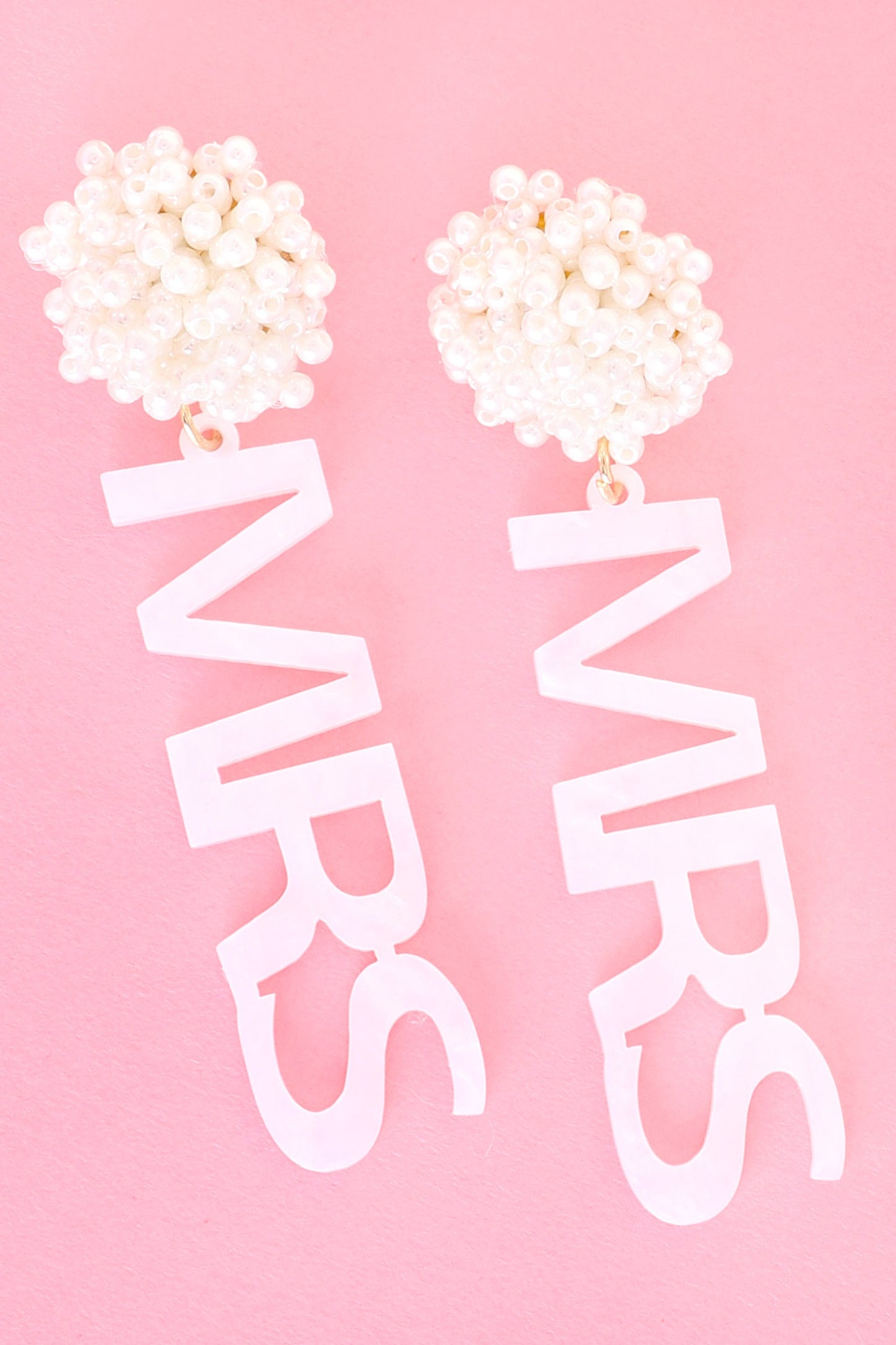 2-TIER PEARL Bride POM POM "MRS" ACETATE LONG DROP EARRINGS/BRIDAL