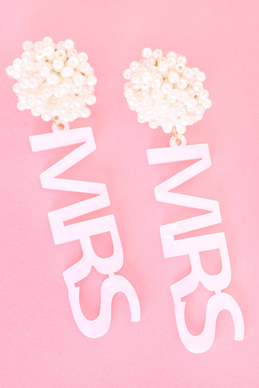 2-TIER PEARL Bride POM POM "MRS" ACETATE LONG DROP EARRINGS/BRIDAL