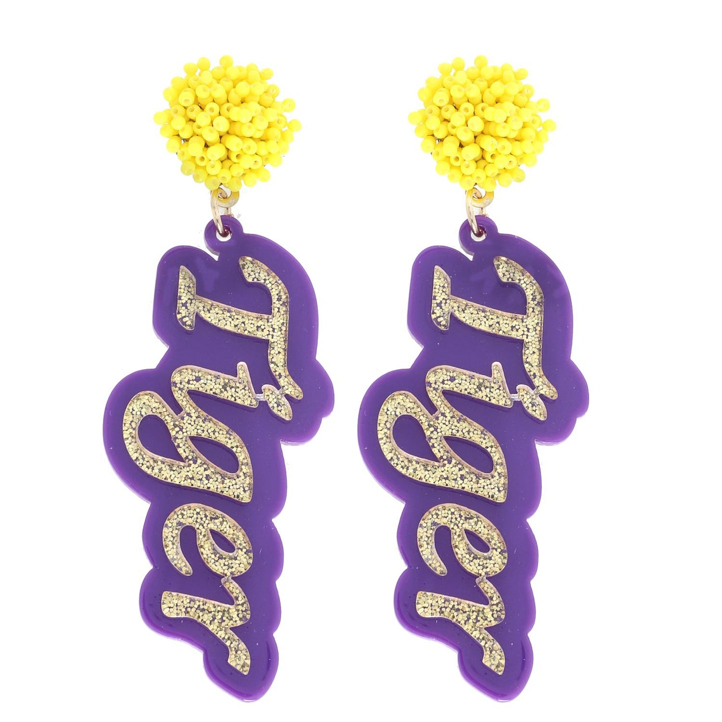 2-TIER POM POM "TIGER" LINEAR LONG DROP GLITTER ACETATE EARRINGS/GAME DAY