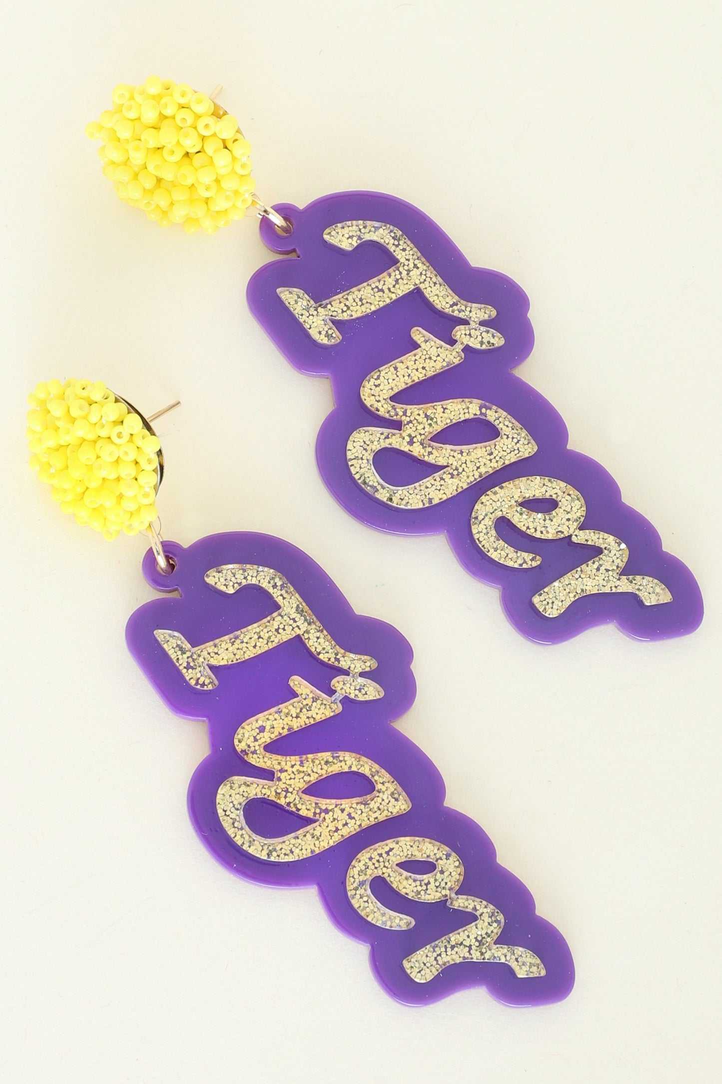 2-TIER POM POM "TIGER" LINEAR LONG DROP GLITTER ACETATE EARRINGS/GAME DAY