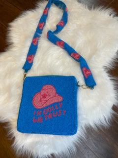 Cowgirl Sead Bead Crossbody, "In Dolly We Trust" Seed Bead Bag with Matching Detachable Cowboy Hat Seed Bead Strap/Purse