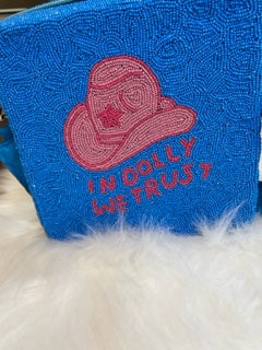 Cowgirl Sead Bead Crossbody, "In Dolly We Trust" Seed Bead Bag with Matching Detachable Cowboy Hat Seed Bead Strap/Purse
