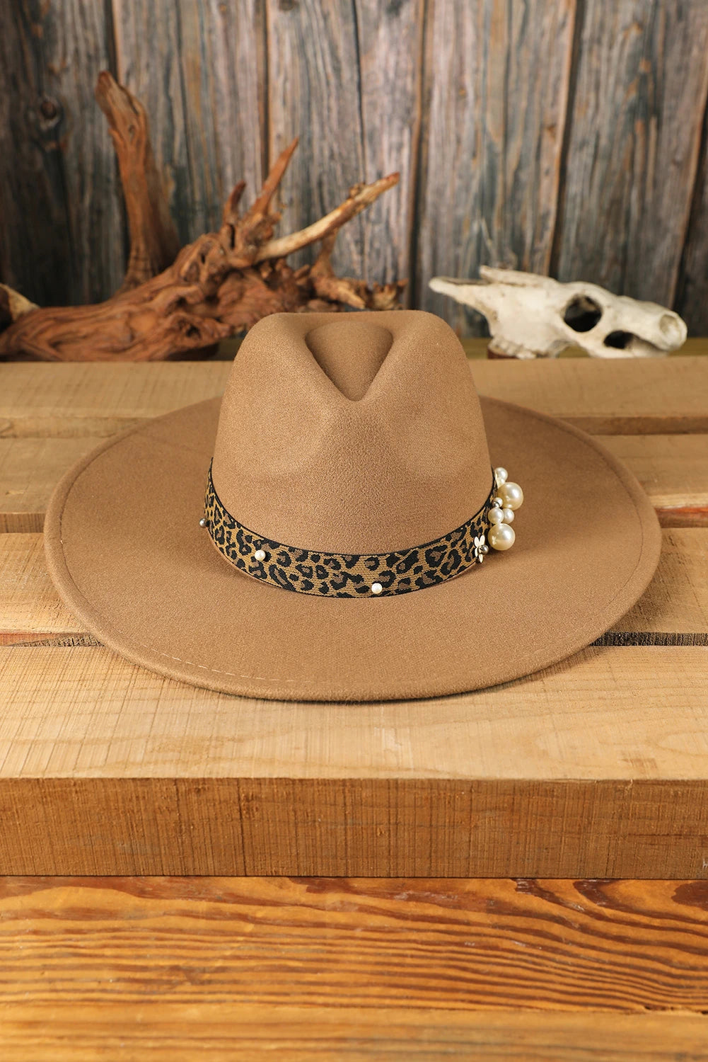 Flat Brim leopard print with pearls Woven Hat