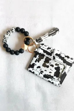 Black cow print card holder, wristlet with silicone beads