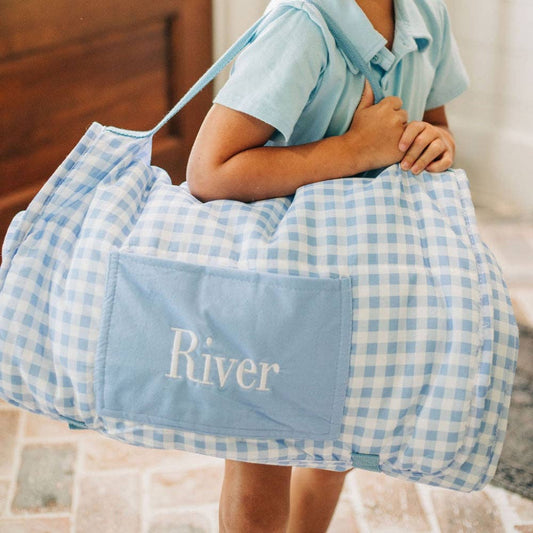 Sugarbee Clothing Blue Gingham Nap Mat/Back to School, Toddler Nap Mat, Boys/Girls Nap mat, Kids Sleep Mat for School, Gingham, Daycare, Pre-k, Preschool, Personalized, Embroidered, Blue