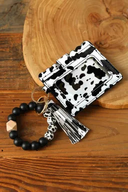 Black cow print card holder, wristlet with silicone beads