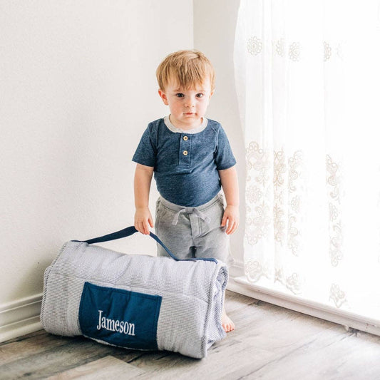 Sugarbee Clothing Blue Seersucker Nap Mat/ Back to School, Toddler Nap Mat, Boys/ Girls Nap mat, Kids Sleep Mat for School, Seersucker, Daycare, Pre-k, Preschool, Personalized, Embroidered, Navy Blue