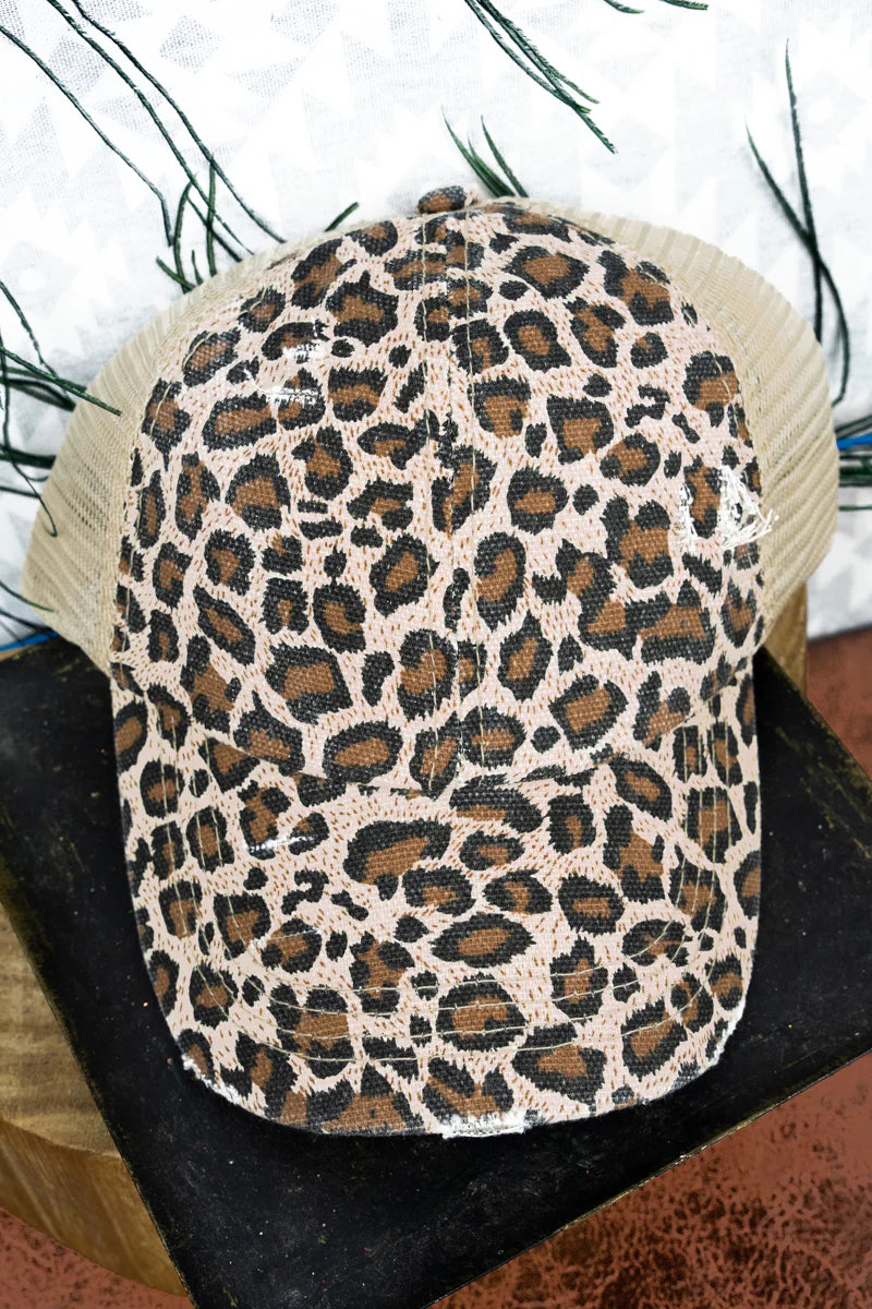 HAT-PNY-LEOP-TAN DISTRESSED LYNDI LEOPARD MESH PONYTAIL Hat