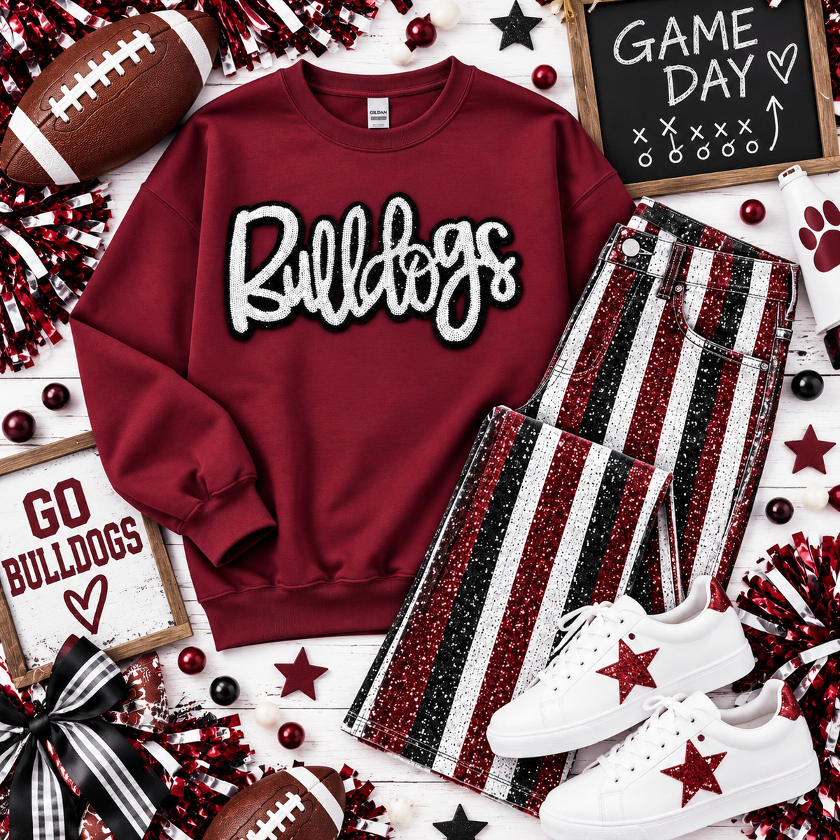 Bulldogs Patch, Sequin Patch, White Bulldogs Patch, Black Glitter Backing, Iron On Patch, Game Day Patch, Mascot Patch, DIY Patch