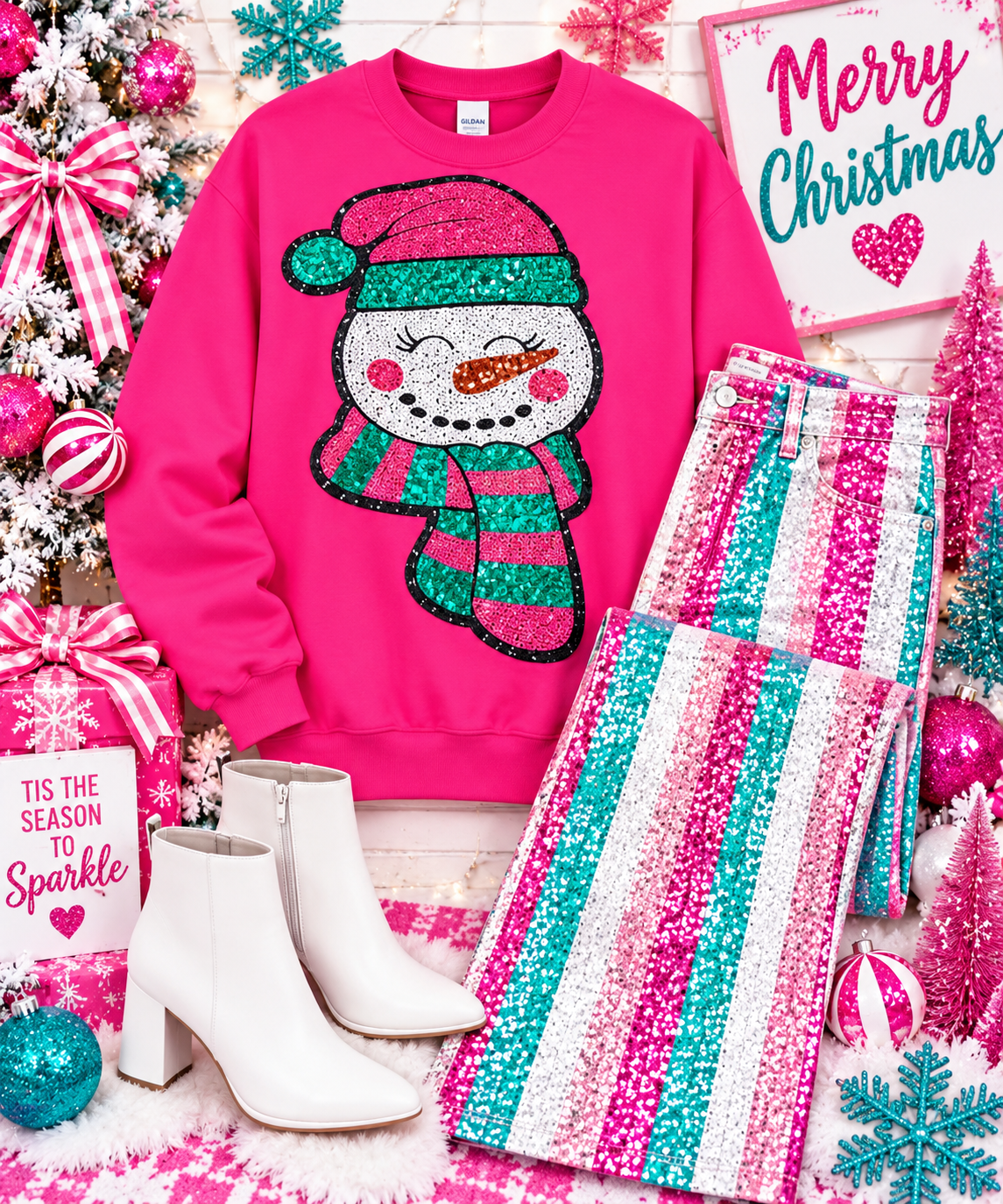 Snowman Sequin Iron on Patch; Christmas Applique
