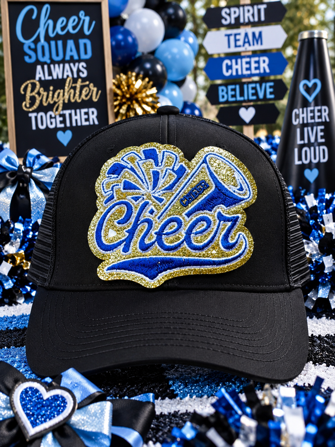 Cheer Embroidered Glitter Patch: Blue and Gold Iron-On DIY Applique (3.5 inch)
