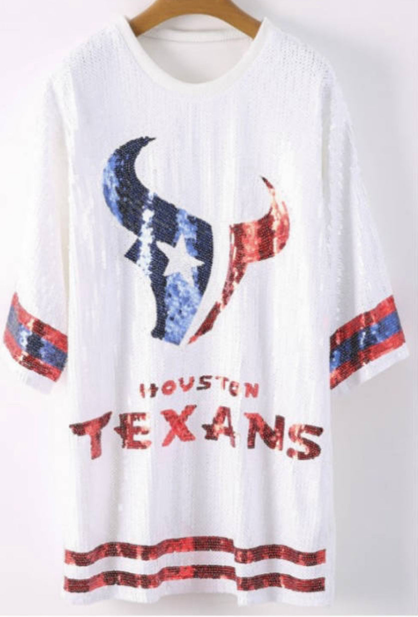 Sequin Houston Texans Jersey Dress -White Houston Sequin Jersey Dress, NFL Sequin Jersey Dress, Texan attire