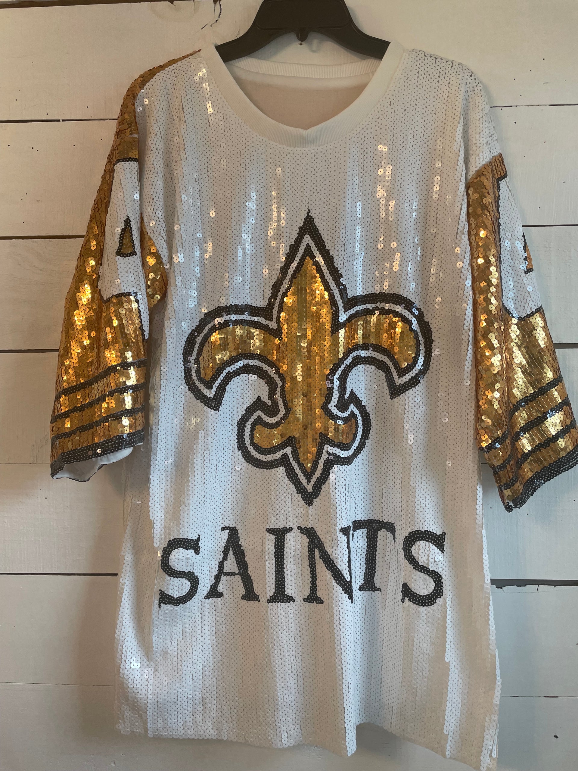 New Orleans Saints Sequin Ladies White and Gold Jersey Dress, Ladies W Gi Gi's Boutique New Orleans Saints Sequin Ladies White and Gold Jersey Dress, Ladies W Gi Gi's Boutique