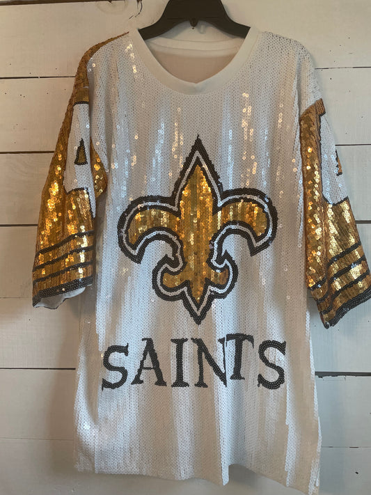 New Orleans Saints Sequin Ladies White and Gold Jersey Dress, Ladies White And Gold New Orleans Attire, NFL Attire, Sequin Jersey Dress, Game Day, Women’s Sequin Dress