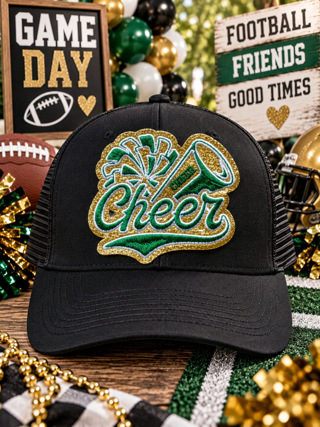 Cheer Embroidered Glitter Patch: Green and Gold Iron-On DIY Applique (3.5 inch)