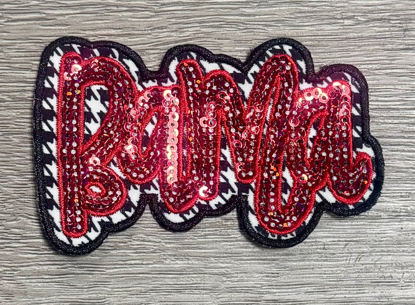 Houndstooth Patch, Cursive Font, Sequin Patch, Game Day Patch, Crimson Sequins, Iron on Patch, DIY Patch, Trucker Hat Patch